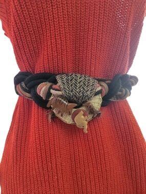 Braided Rope Waist Belt with Decorative Woven Buckle - Black & Tan